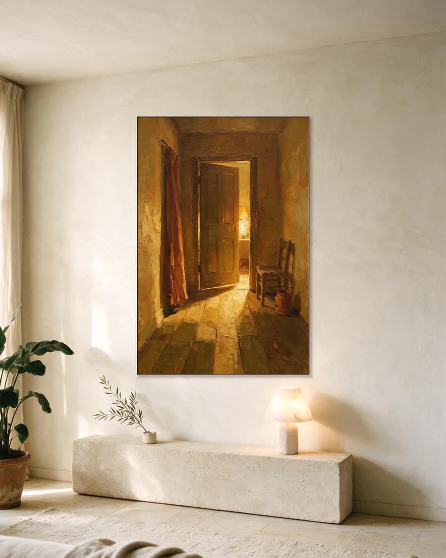 Gang met een deur op een kier in een aluminium frame aan dezelfde muur