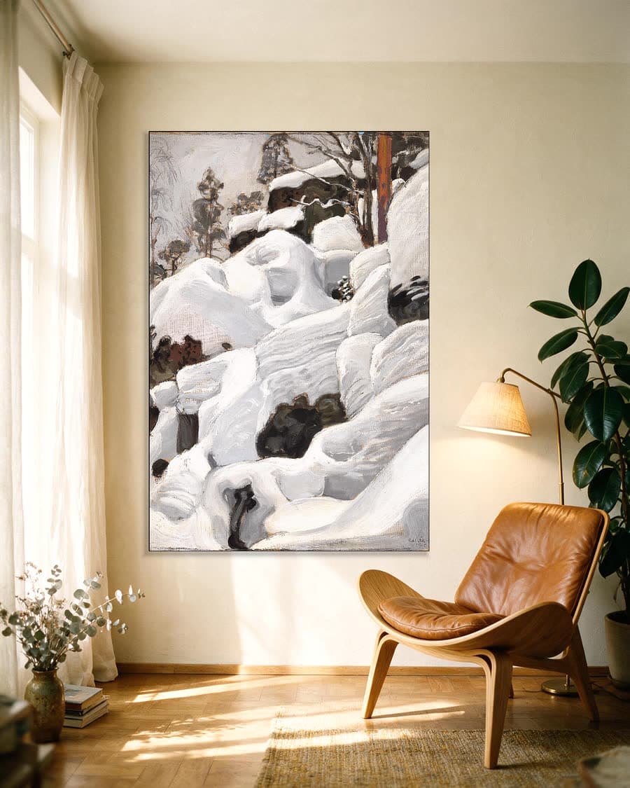 Besneeuwde rotsen in een aluminium frame aan dezelfde muur