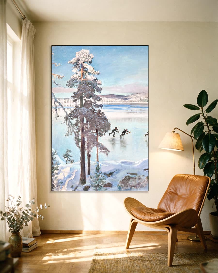 Schaatsers bij de oever van Kalela in een aluminium frame aan dezelfde muur