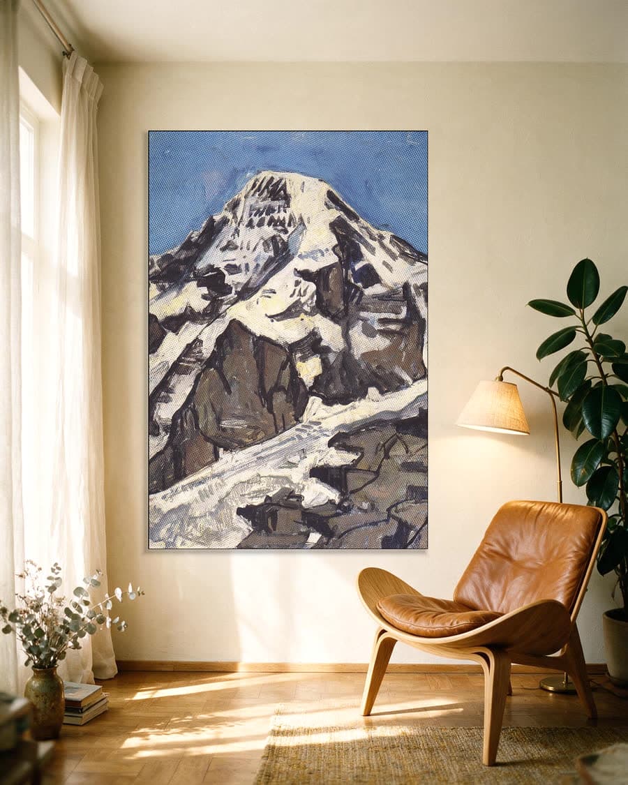 Majestueuze bergtoppen in een aluminium frame aan dezelfde muur