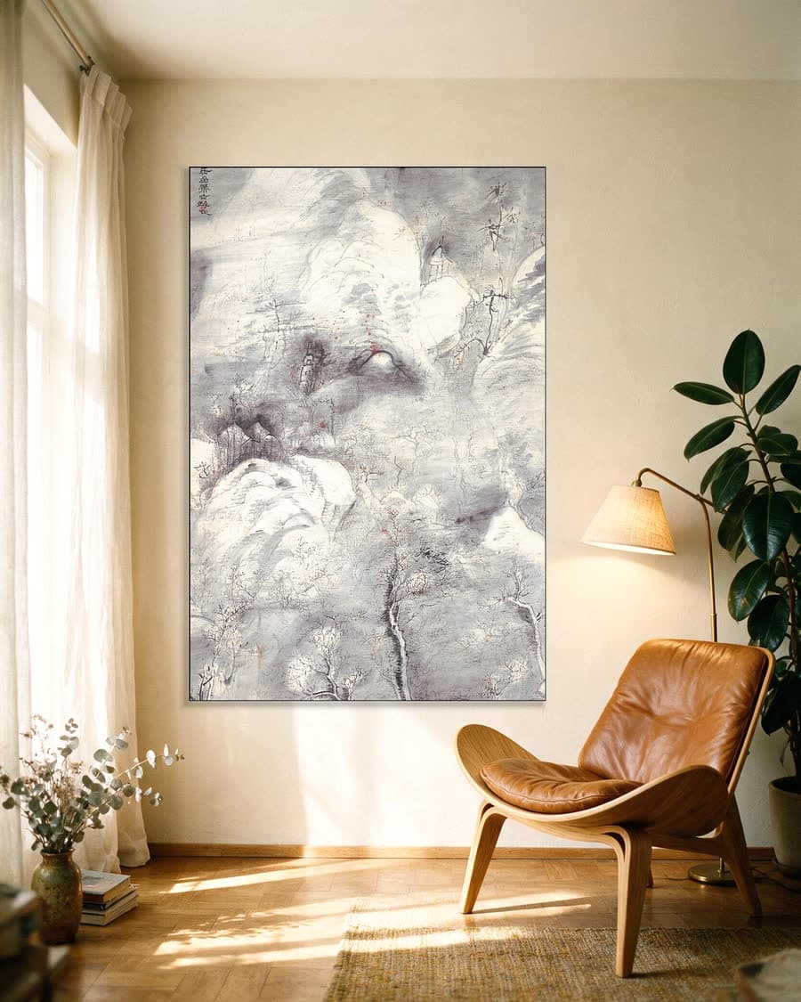 Bevroren wolken, zeefsel van poedersneeuw in een aluminium frame aan dezelfde muur