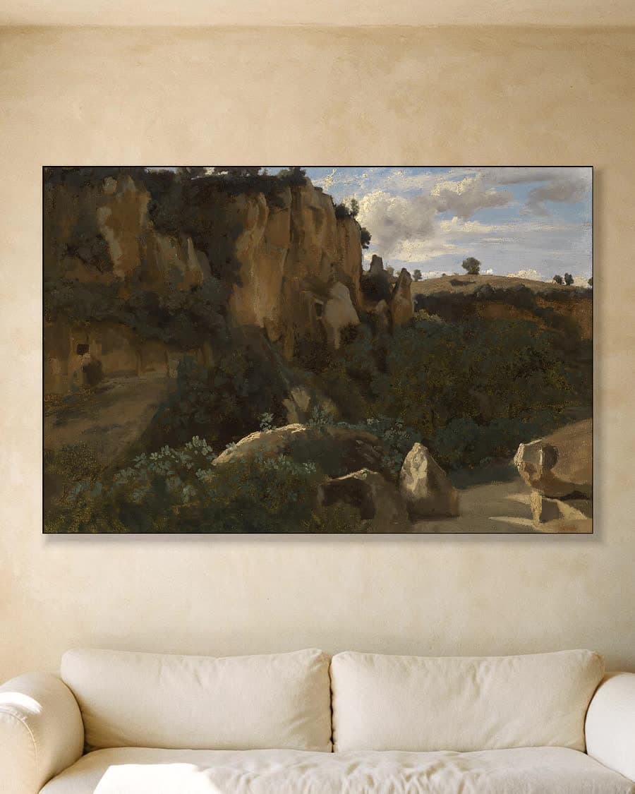 Kliflandschap onder wolken in een aluminium frame aan dezelfde muur