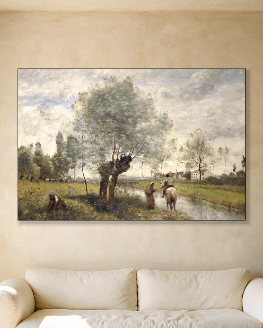 Landweg met figuren en wilgen in een aluminium frame aan dezelfde muur