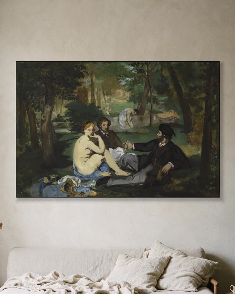 Studie voor het ontbijt in het gras in een aluminium frame aan dezelfde muur