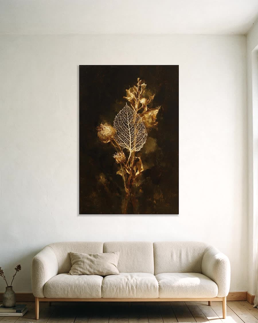 Bladskelet en zaadknoppen in een aluminium frame aan dezelfde muur