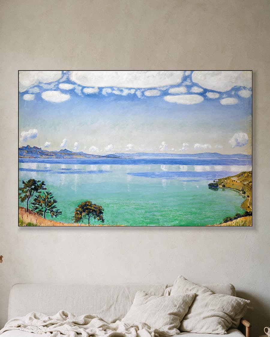Zomerse dag aan het meer in een aluminium frame aan dezelfde muur
