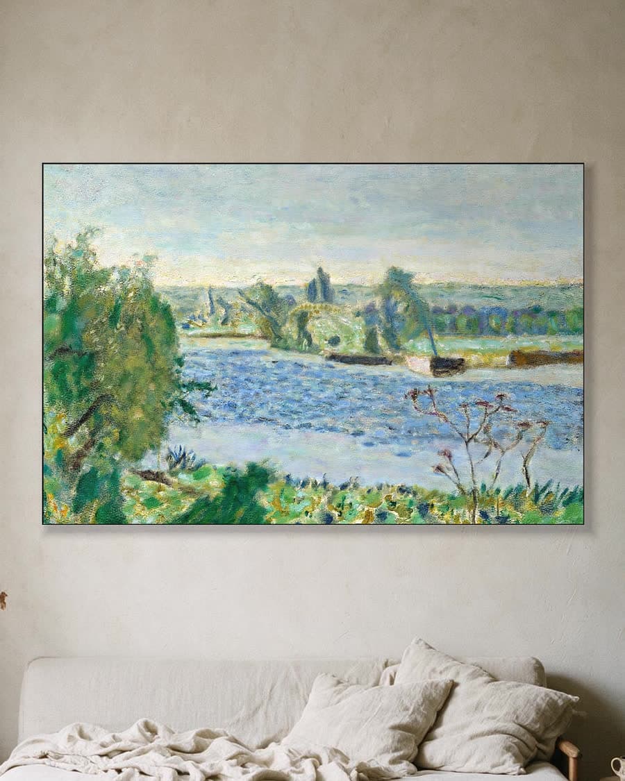 Blauwe ochtend aan de rivier in een aluminium frame aan dezelfde muur