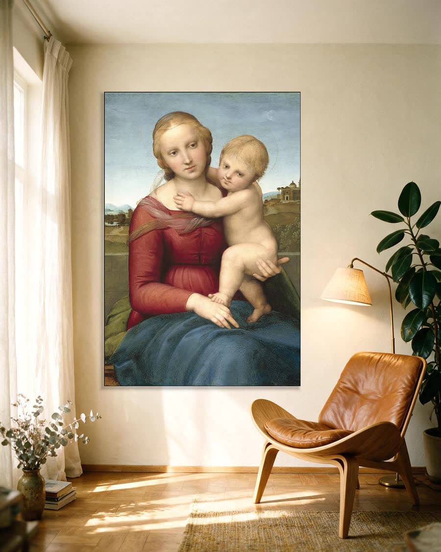 Kleine Madonna Cowper in een aluminium frame aan dezelfde muur