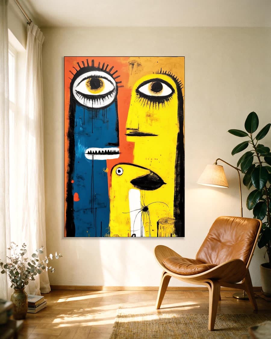 Twee gezichten in een aluminium frame aan dezelfde muur
