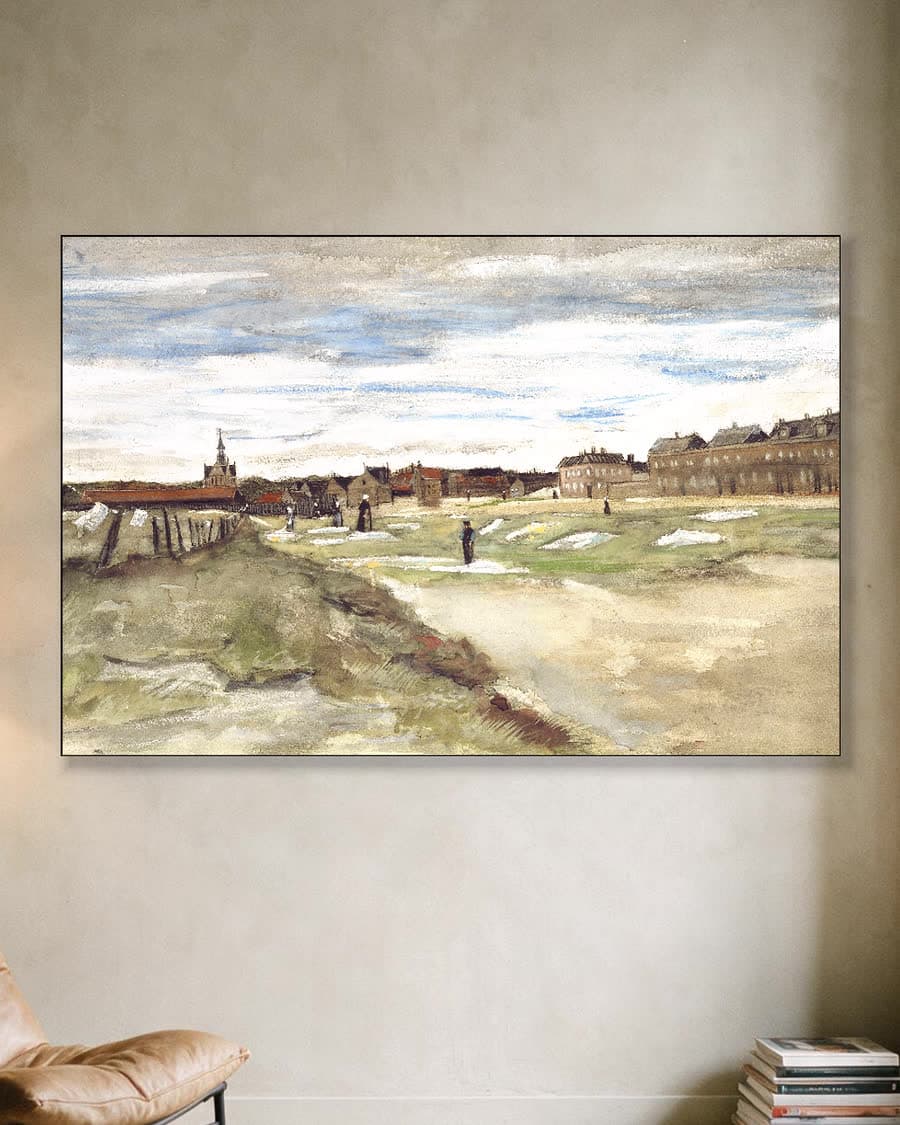 Bleekveld bij Scheveningen in een aluminium frame aan dezelfde muur