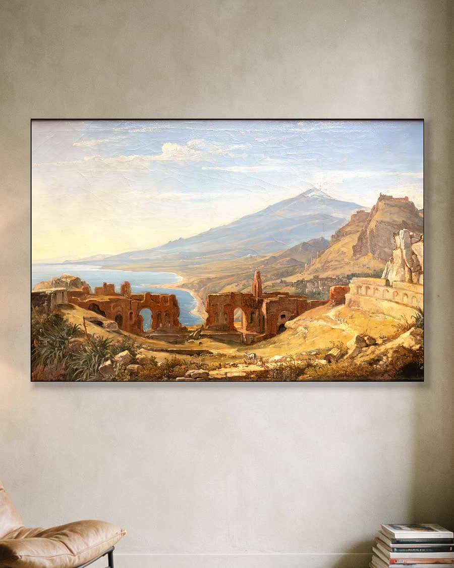 Het antieke theater van Taormina met uitzicht op de Etna in een aluminium frame aan dezelfde muur