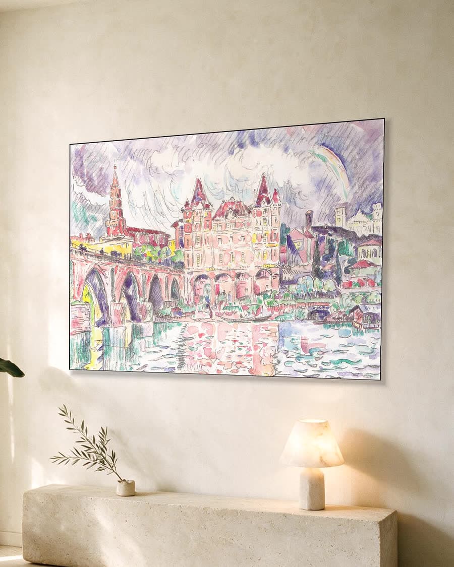 Gezicht op Montauban bij regen in een aluminium frame aan dezelfde muur