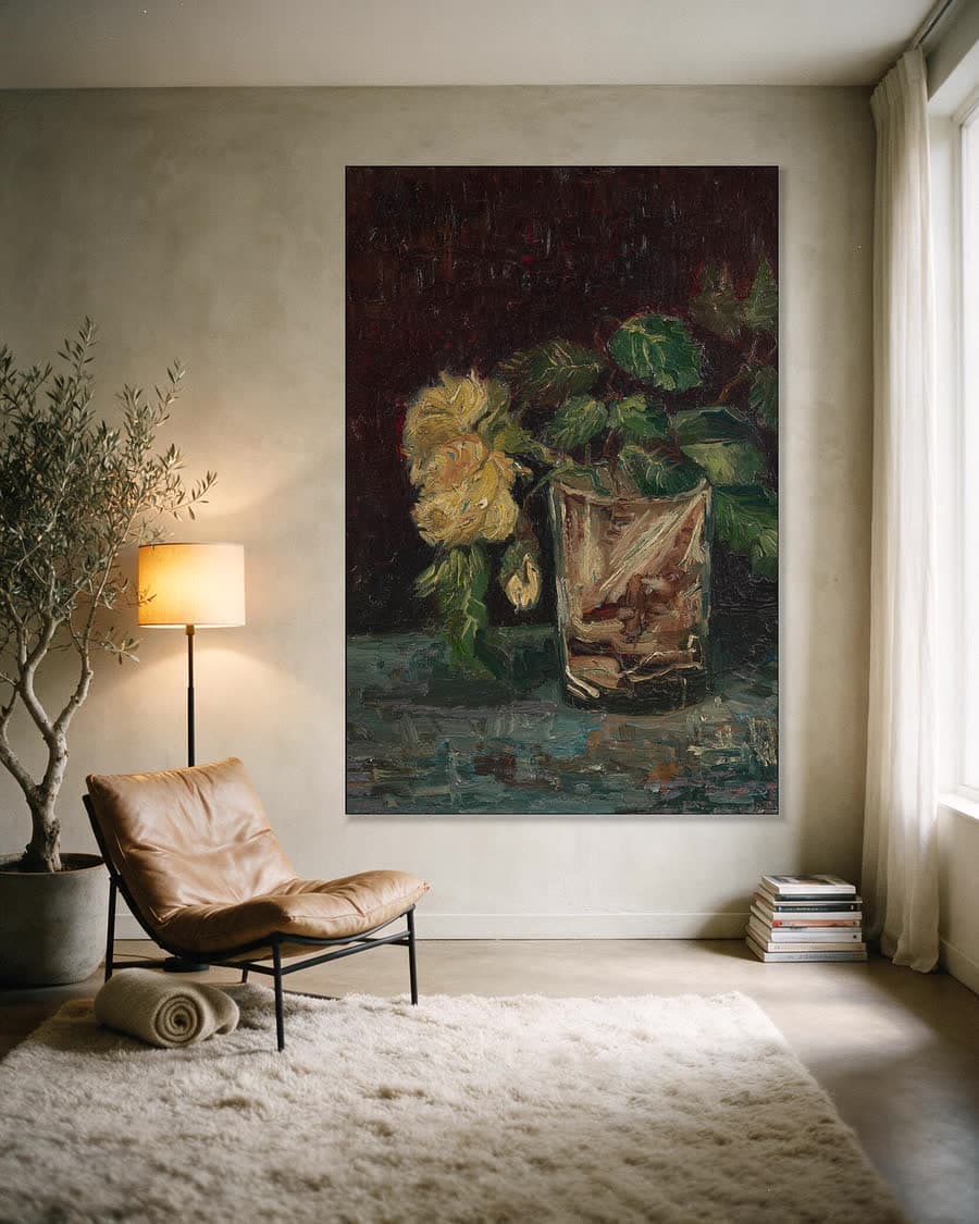 Glas met gele rozen in een aluminium frame aan dezelfde muur