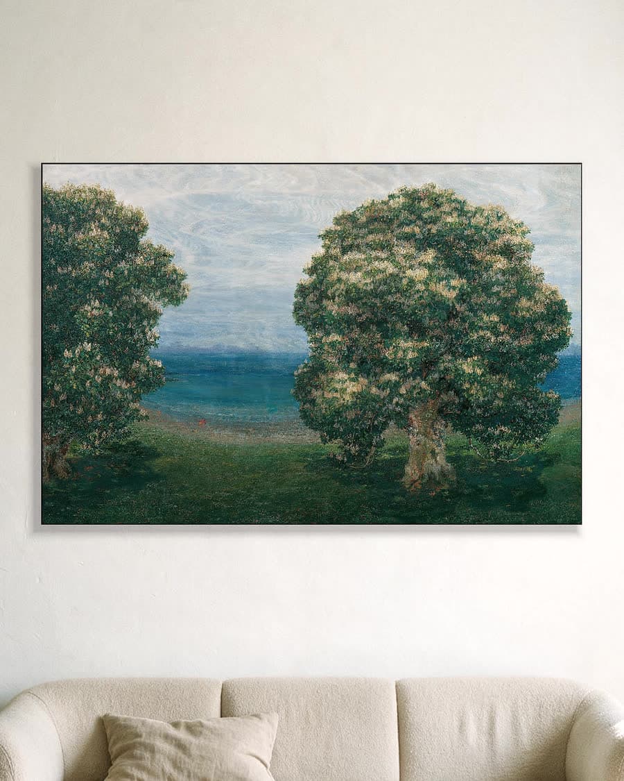 Bloeiende kastanjes (1900) in een aluminium frame aan dezelfde muur