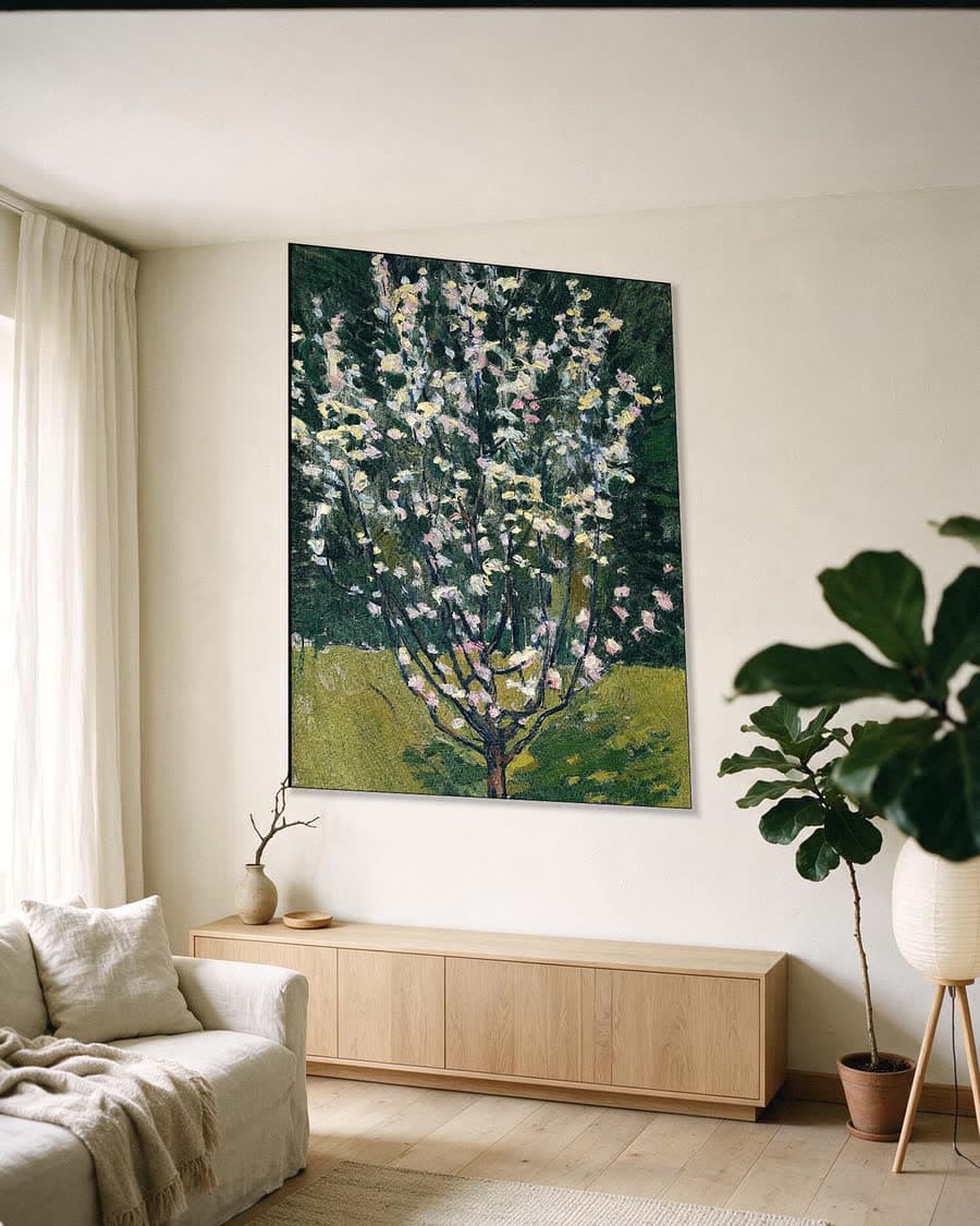 Bloeiend boompje in een aluminium frame aan dezelfde muur