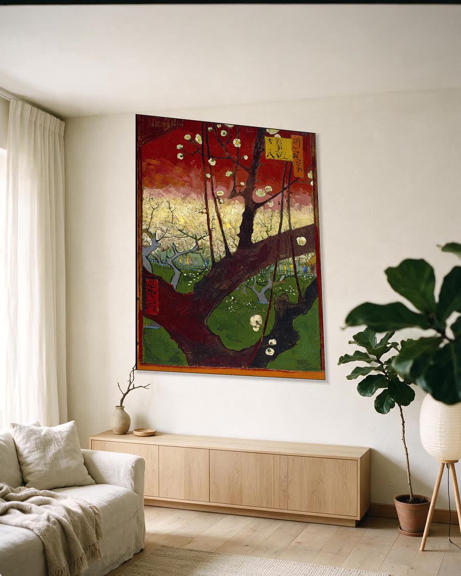 Bloeiende pruimenboomgaard naar Hiroshige in een aluminium frame aan dezelfde muur