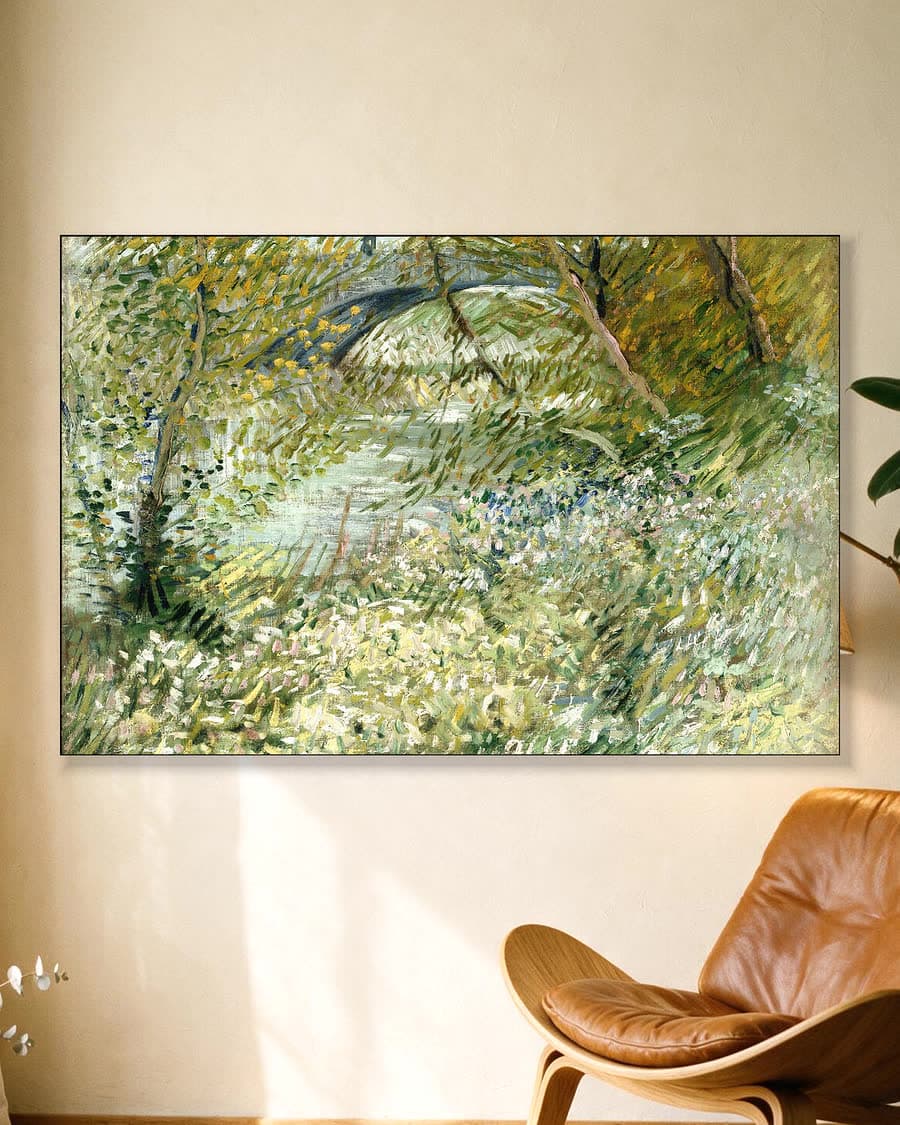Rivieroever in de lente in een aluminium frame aan dezelfde muur