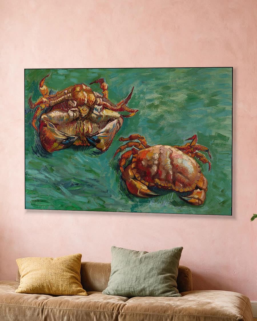 Twee krabben in een aluminium frame aan dezelfde muur