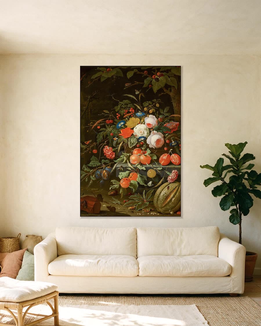 Bloemen en fruit in een aluminium frame aan dezelfde muur