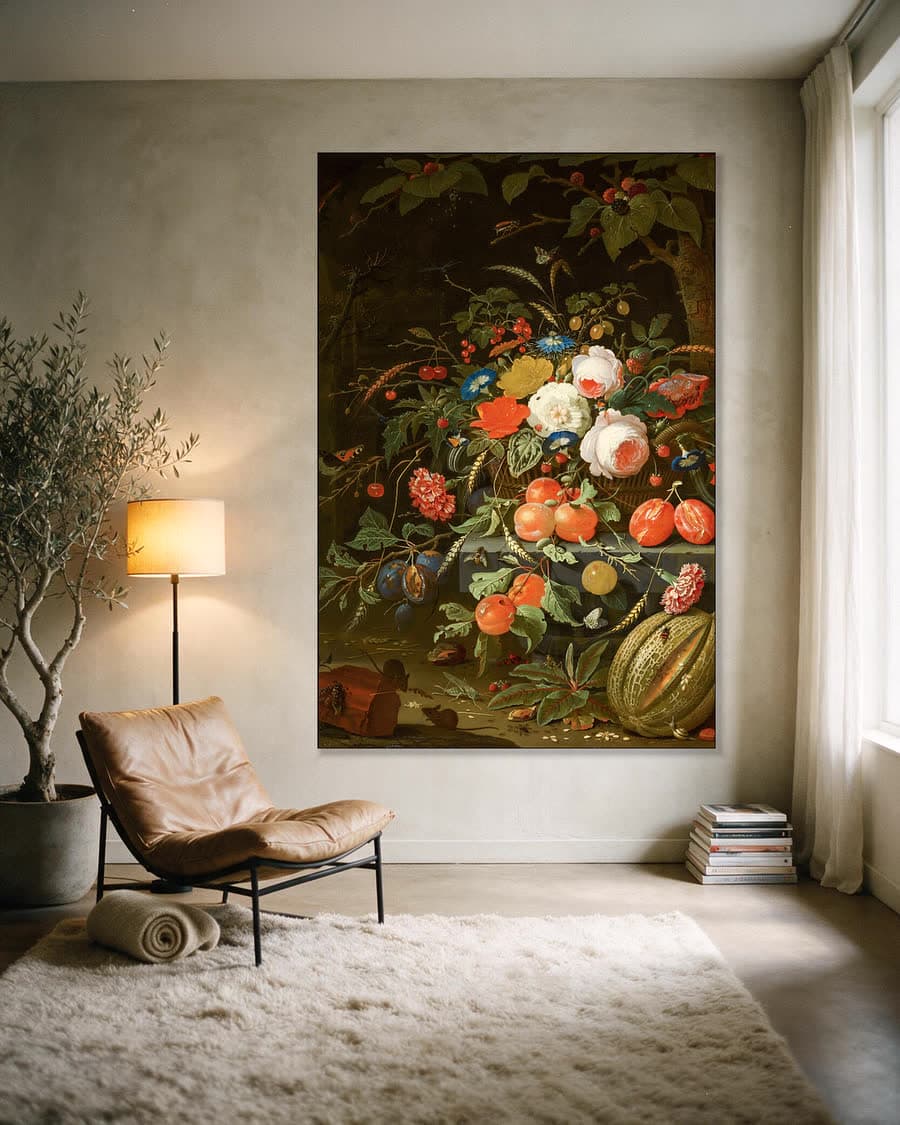 Bloemen en fruit in een aluminium frame aan dezelfde muur