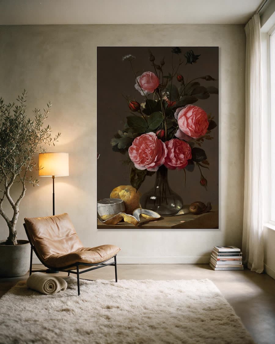 Bloemenstilleven in een glazen vaas in een aluminium frame aan dezelfde muur