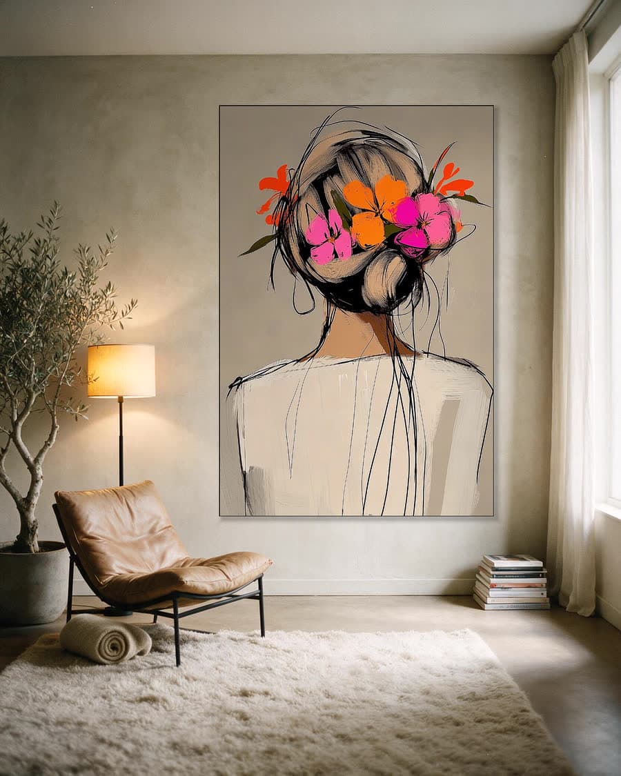 Bloemen in het haar in een aluminium frame aan dezelfde muur