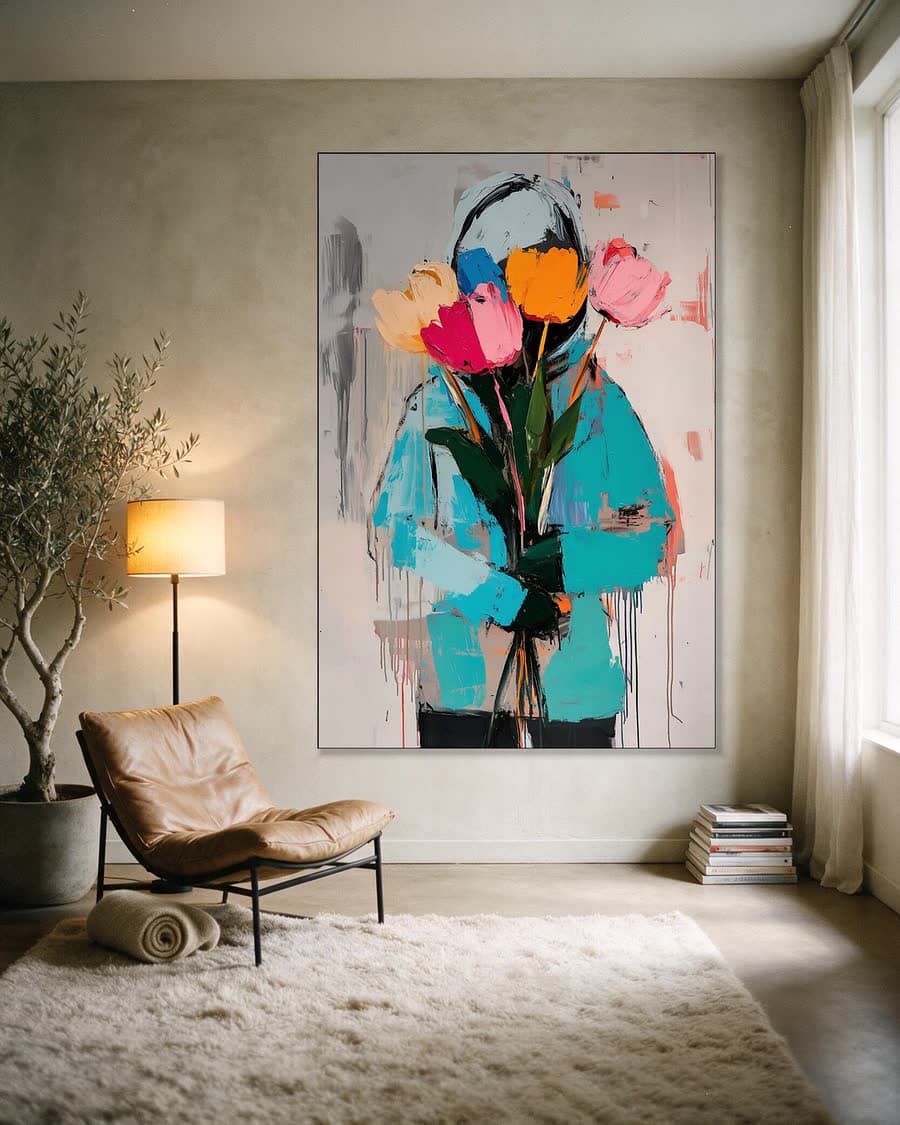Tulpen in turkoois in een aluminium frame aan dezelfde muur