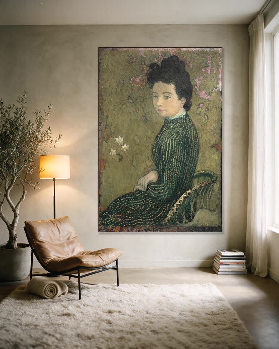 Eva Meurier in een groene jurk in een aluminium frame aan dezelfde muur