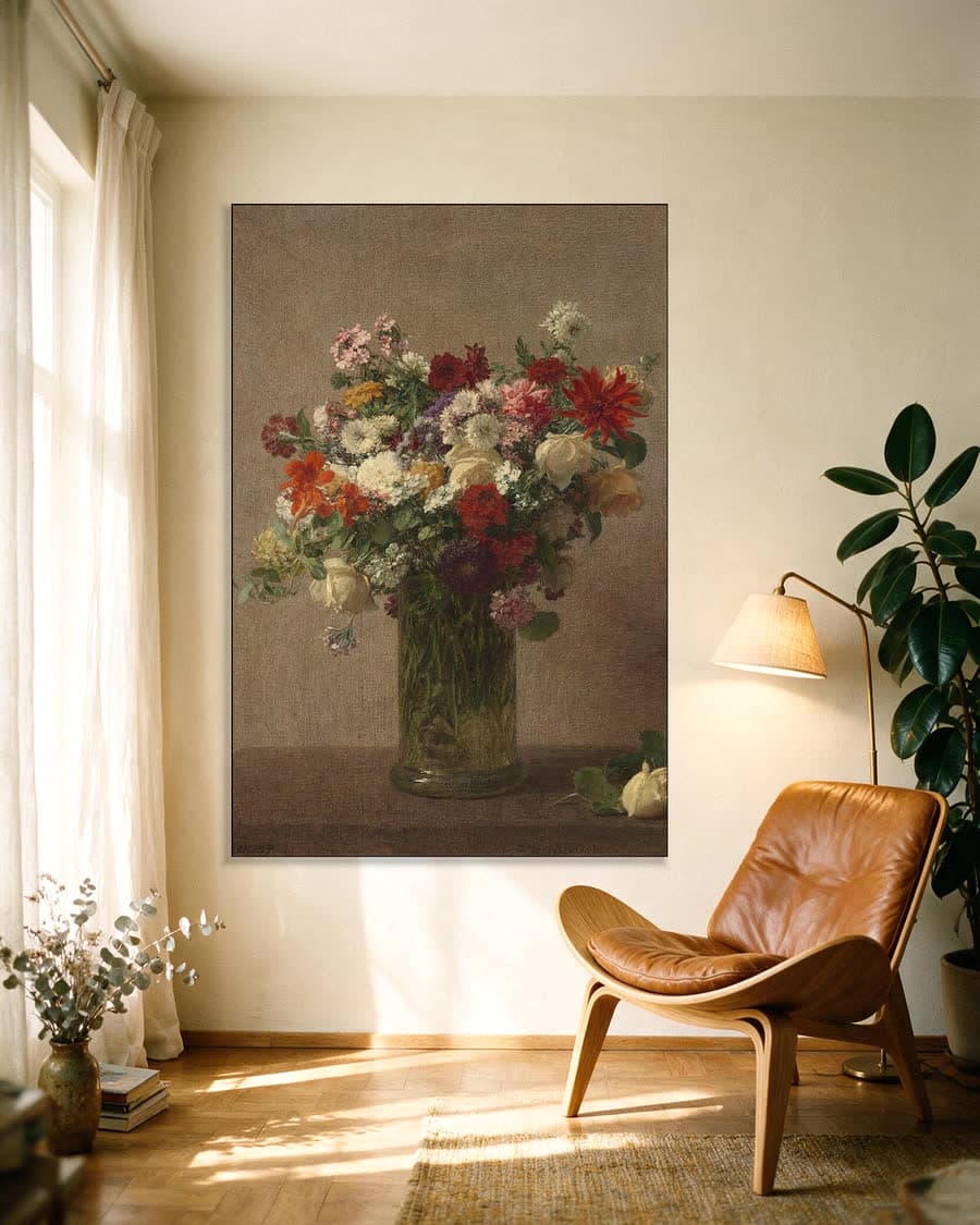 Bloemen uit Normandië in een aluminium frame aan dezelfde muur