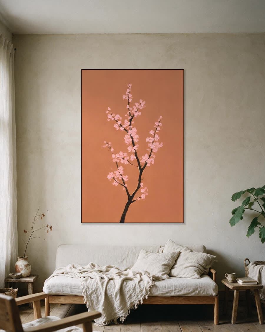 Bloesem tegen terracotta in een aluminium frame aan dezelfde muur