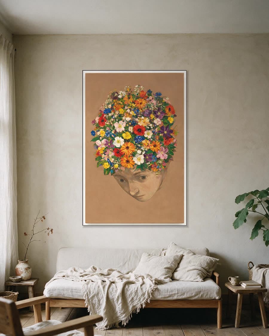 Gebogen hoofd in een aluminium frame aan dezelfde muur