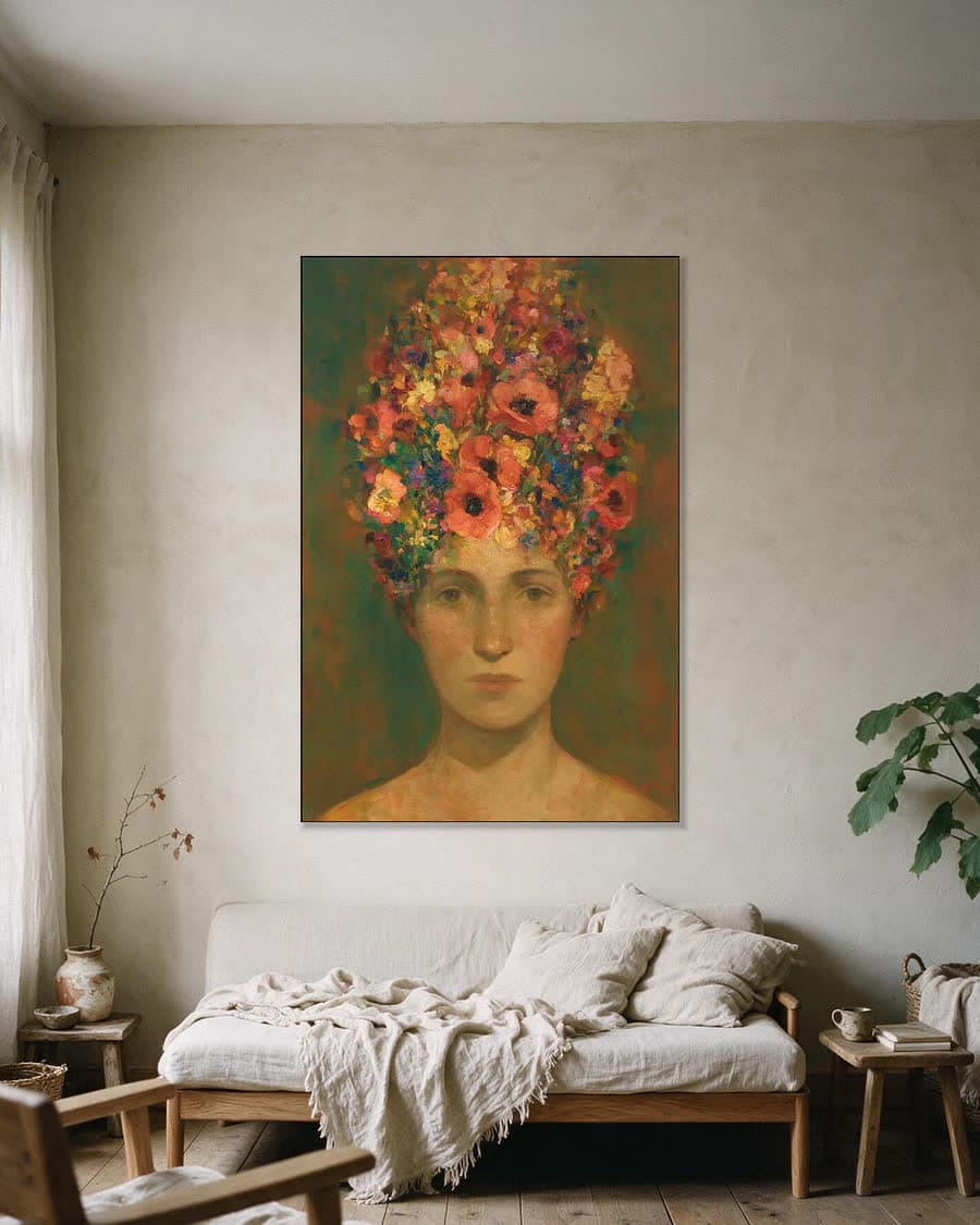 Klaprozen als haar in een aluminium frame aan dezelfde muur