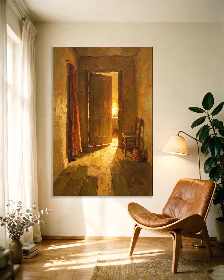 Gang met een deur op een kier in een aluminium frame aan dezelfde muur