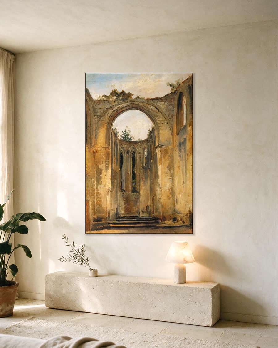 Kloosterruïne bij Oybin in een aluminium frame aan dezelfde muur