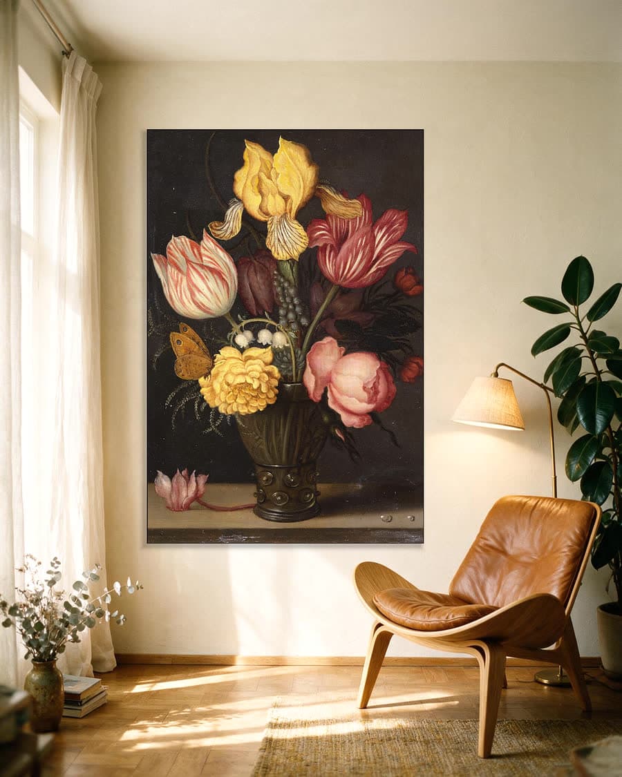 Tulpen, iris, roos en lelietje in een roemer in een aluminium frame aan dezelfde muur