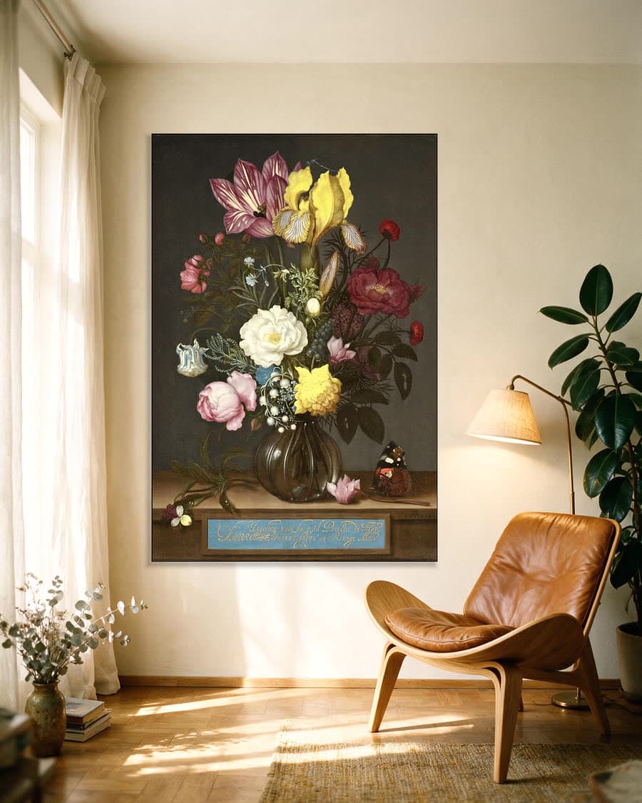 Boeket bloemen in een glazen vaas in een aluminium frame aan dezelfde muur