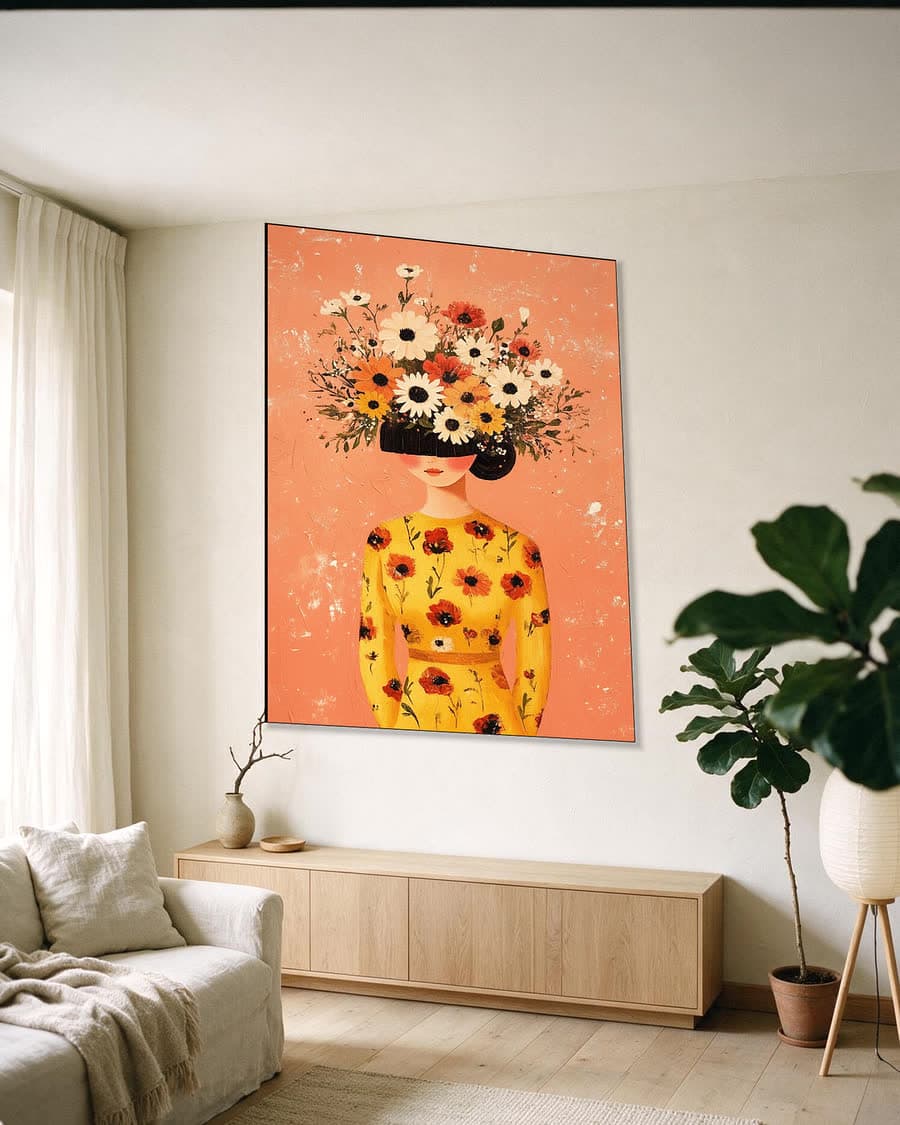 Boeket in plaats van gedachten in een aluminium frame aan dezelfde muur