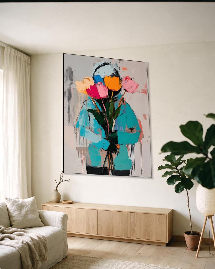 Tulpen in turkoois in een aluminium frame aan dezelfde muur