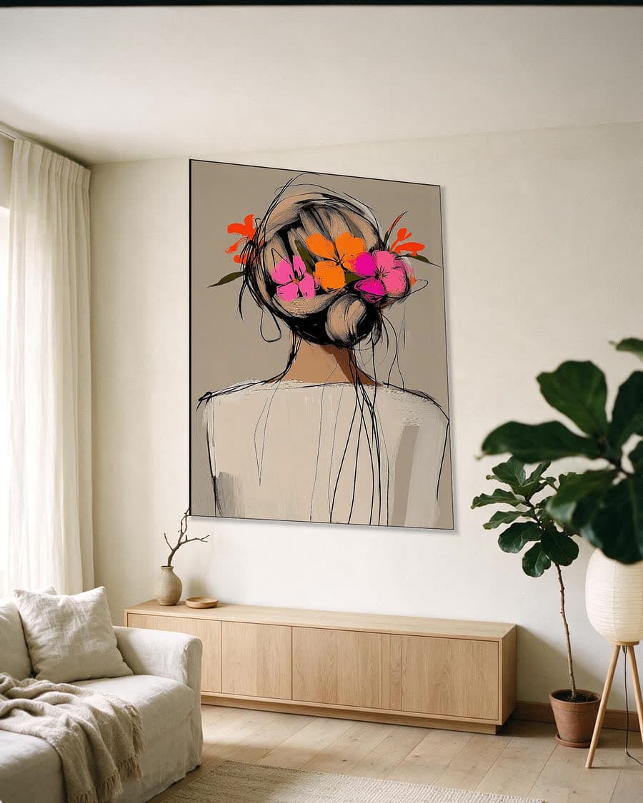 Bloemen in het haar in een aluminium frame aan dezelfde muur