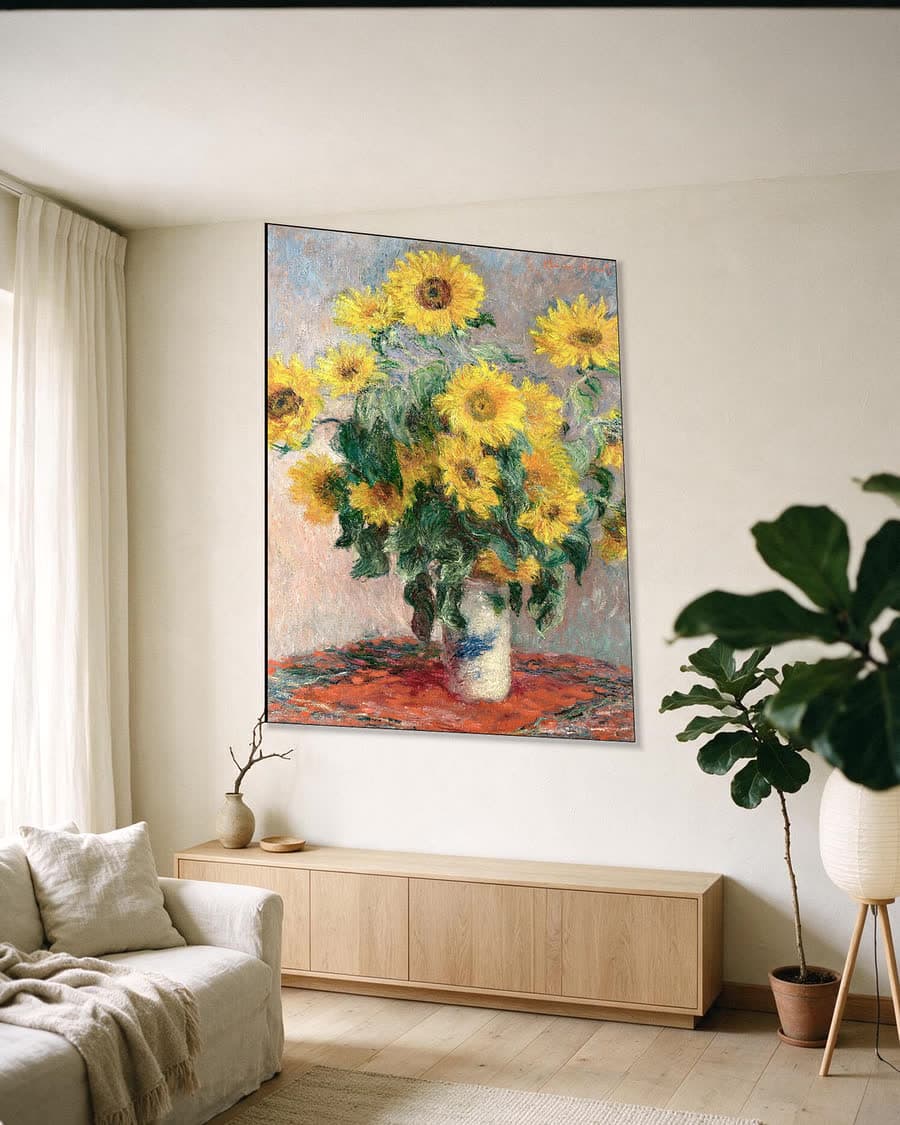 Boeket Zonnebloemen (1881) in een aluminium frame aan dezelfde muur