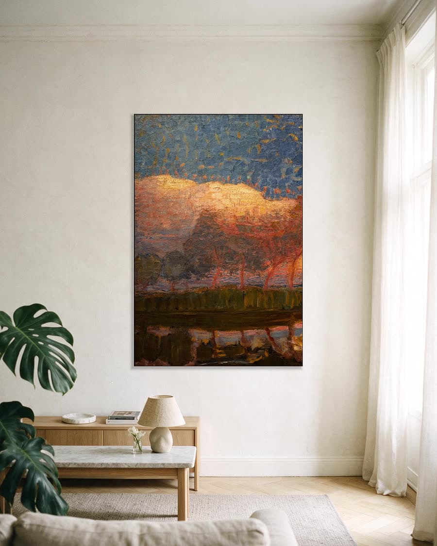 Rij van elf populieren in rood, geel, blauw en groen in een aluminium frame aan dezelfde muur