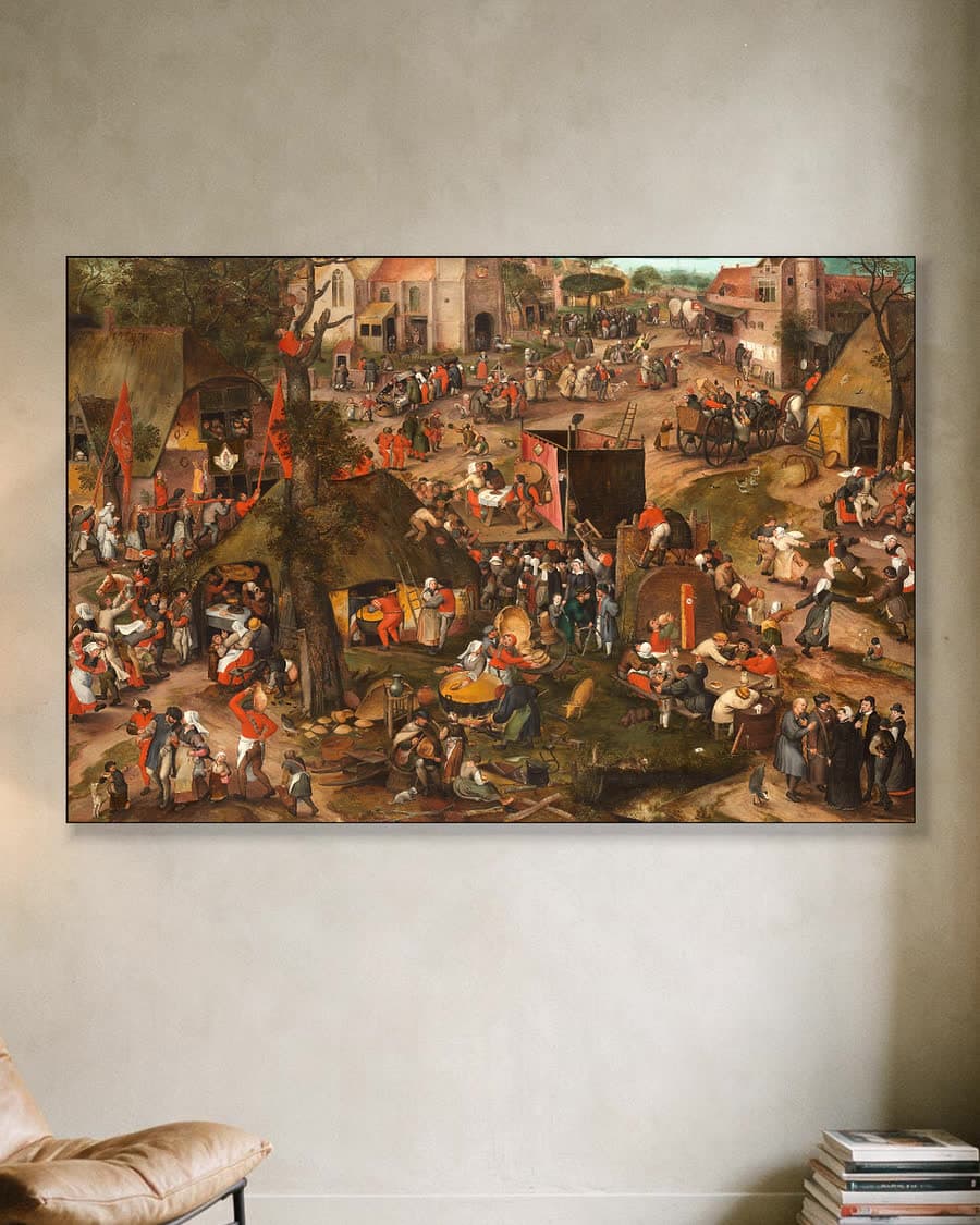 Boerenkermis met een opvoering van een klucht in een aluminium frame aan dezelfde muur