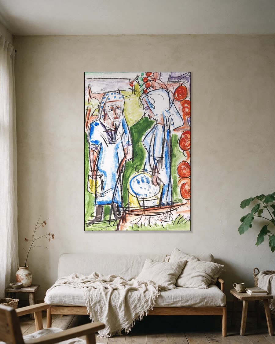 Boerinnen bij de bron op de Stafelalp in een aluminium frame aan dezelfde muur