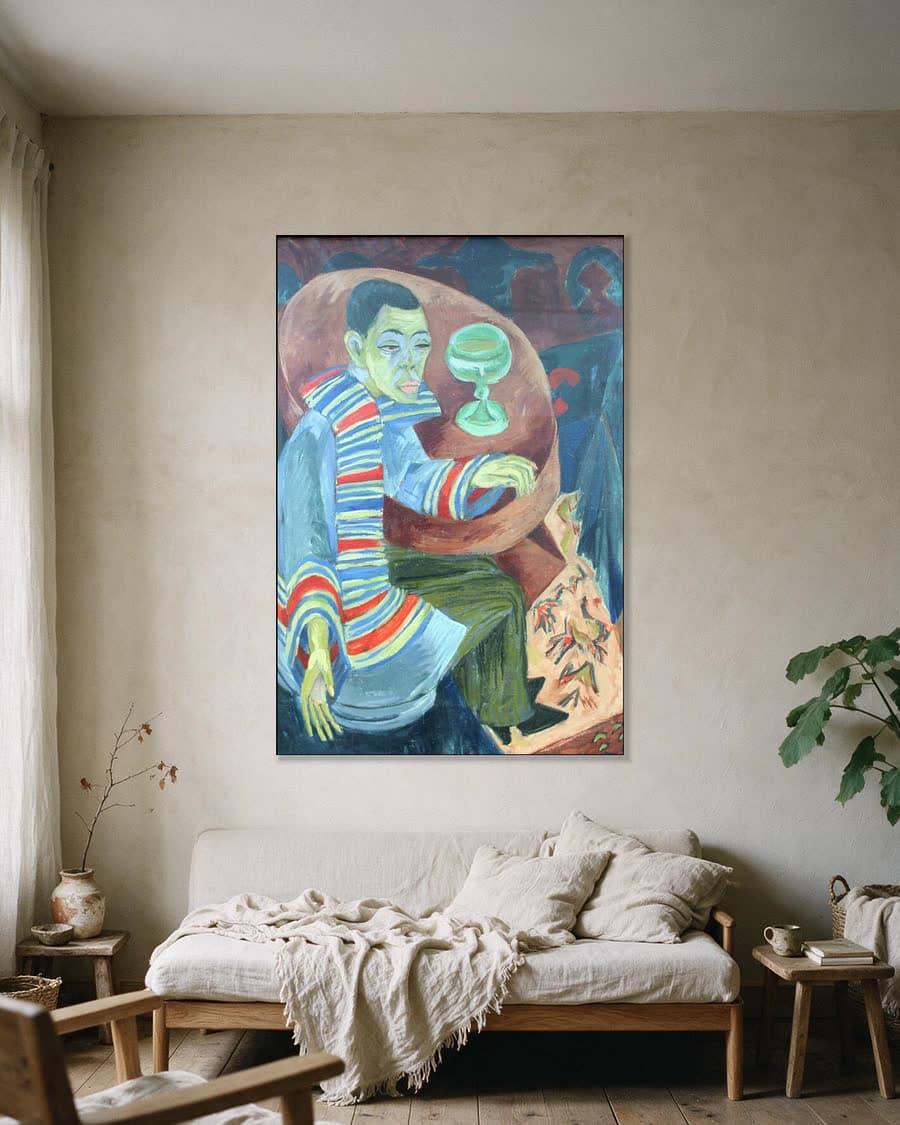 De drinker, zelfportret in een aluminium frame aan dezelfde muur