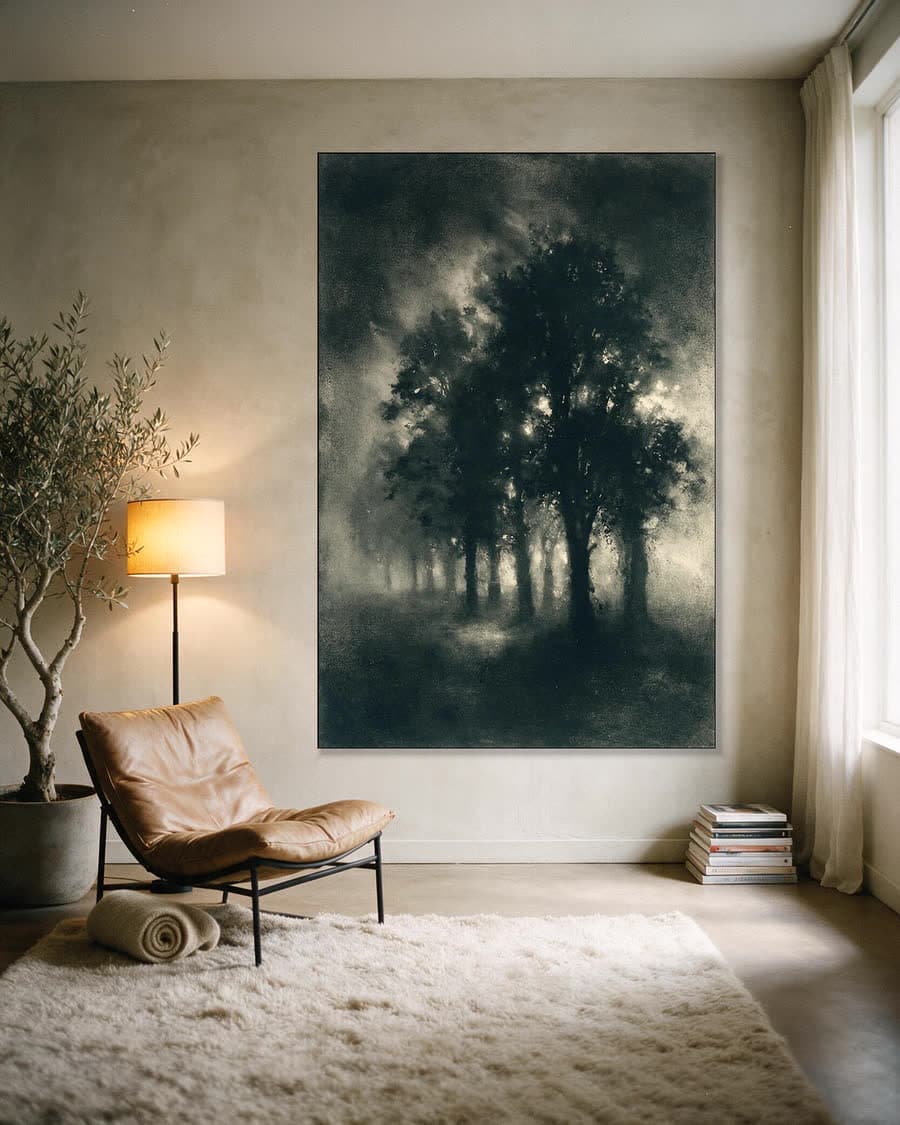 Bomen in de mist in een aluminium frame aan dezelfde muur
