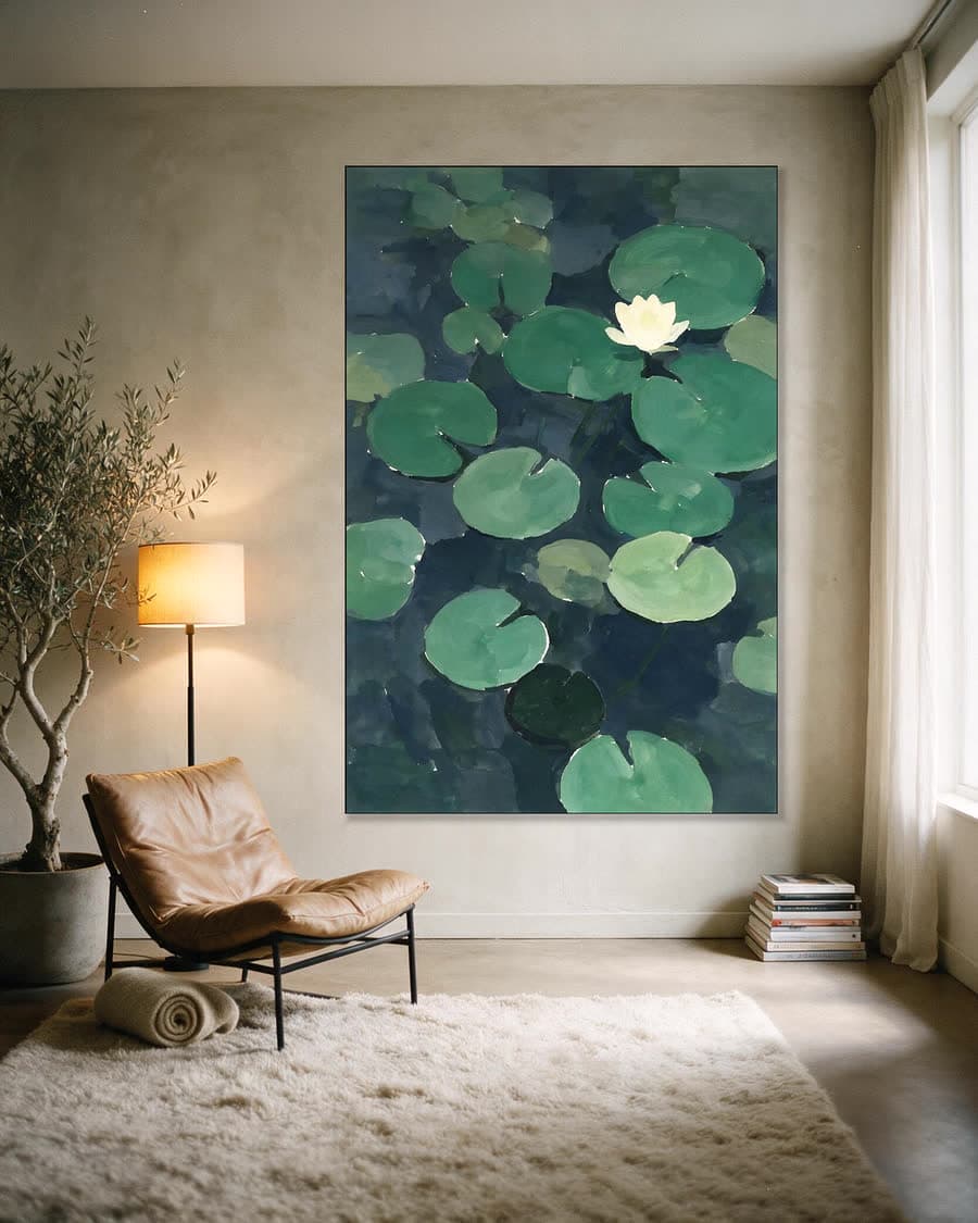 Waterlelies van bovenaf in een aluminium frame aan dezelfde muur