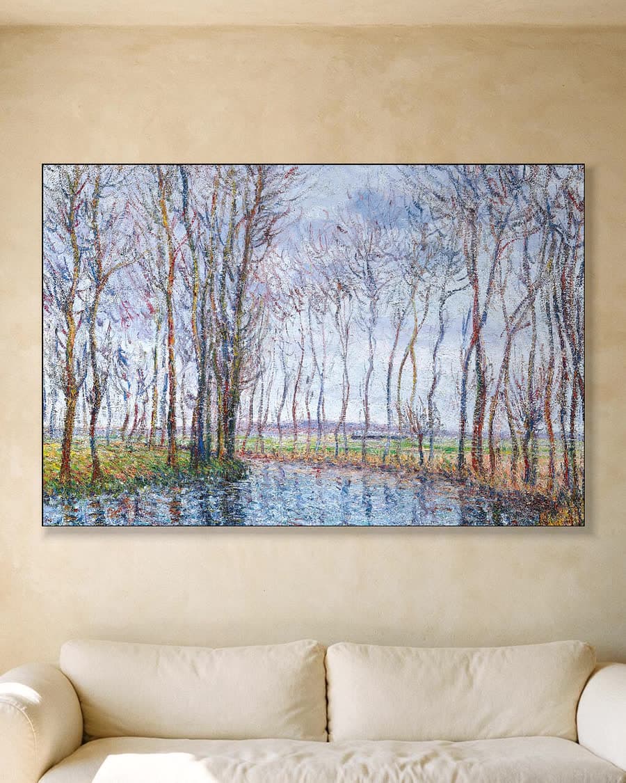 Bomen langs het water in een aluminium frame aan dezelfde muur