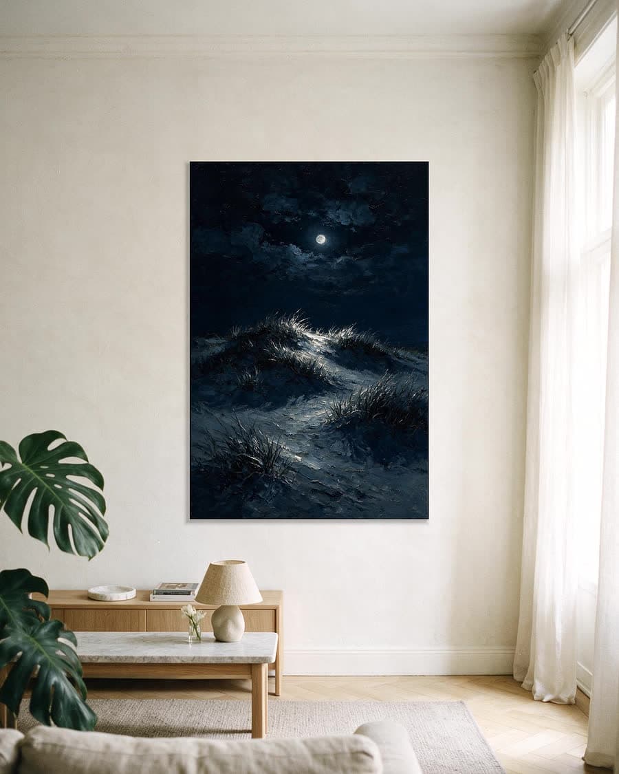 Duin bij nacht in een aluminium frame aan dezelfde muur