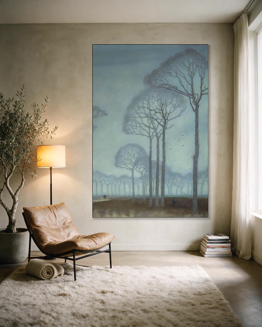 Bomenrij (1915) in een aluminium frame aan dezelfde muur