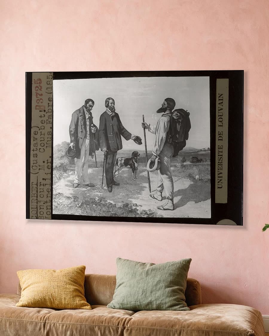 Bonjour meneer Courbet in een aluminium frame aan dezelfde muur